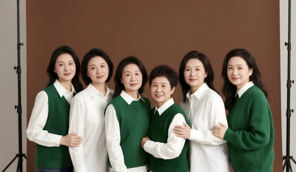 Six women pose together for a photo.