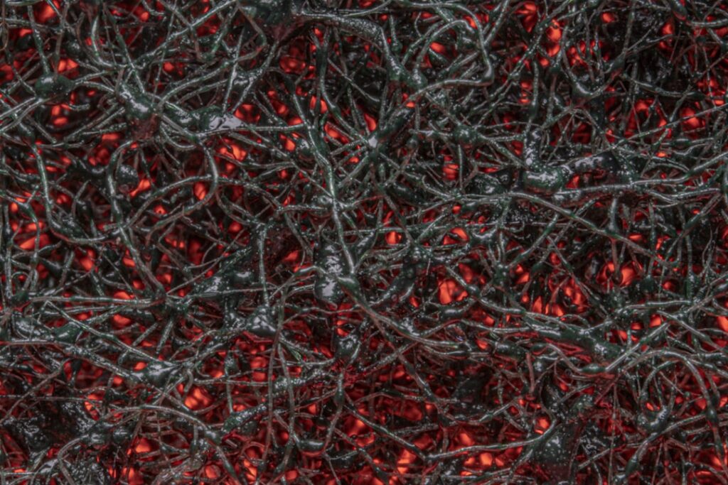 Dark, tangled fibers with glowing red embers underneath.
